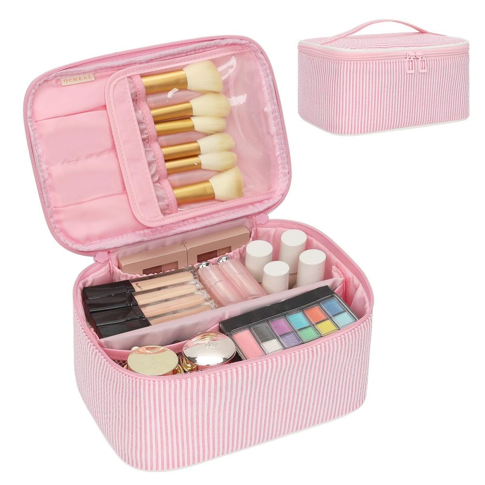 Makeup Bag For Women - Travel Cosmetic Organizer With Brush Slot & Divider,🦒
